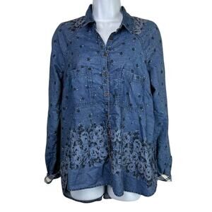 Free people Dottie Over You Floral Chambray Denim Plaid Button Front Top Shirt S